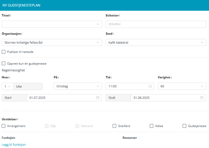 Skjermbilde fra applikasjonen Medarbeideren som viser arbeidsflaten for oppsett av ny arrangement. Her kan brukeren fylle inn detaljer som tittel, etiketter, organisasjon, sted, frekvens (hver uke, på søndager), tid, varighet, start- og sluttdato. Det er også valg for type utvidelser, som dåp, nattverd, gravferd, vielse og gudstjeneste, samt alternativer for å legge til funksjoner og ressurser.