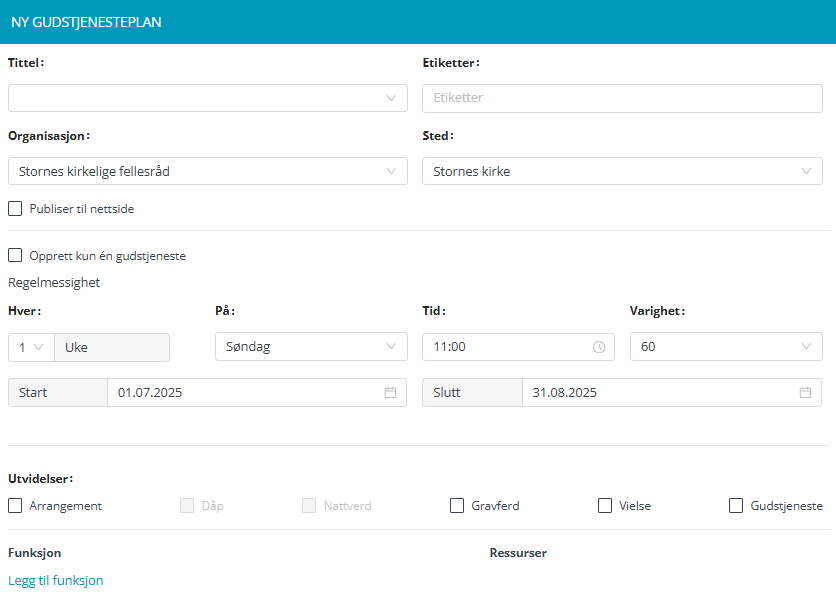Skjermbilde fra applikasjonen Medarbeideren som viser arbeidsflaten for oppsett av ny gudstjeneste plan. Her kan brukeren fylle inn detaljer som tittel, etiketter, organisasjon, sted, frekvens (hver uke, på søndager), tid, varighet, start- og sluttdato. Det er også valg for type utvidelser, som dåp, nattverd, gravferd, vielse og gudstjeneste, samt alternativer for å legge til funksjoner og ressurser.