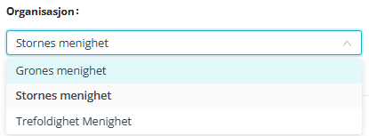 Skjermbilde fra applikasjonen Medarbeideren som viser rullegardin meny med valg av mulige organisasjoner en arrangement plan kan lages for.