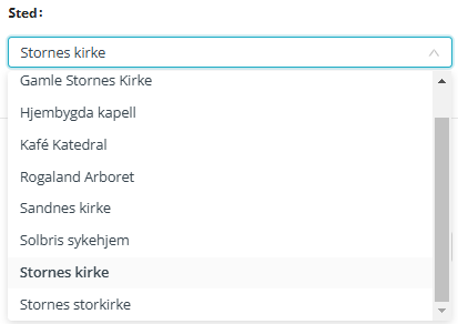 Skjermbilde fra applikasjonen Medarbeideren som viser rullegardin meny med valg av mulige lokasjoner en arrangement plan kan lages for.