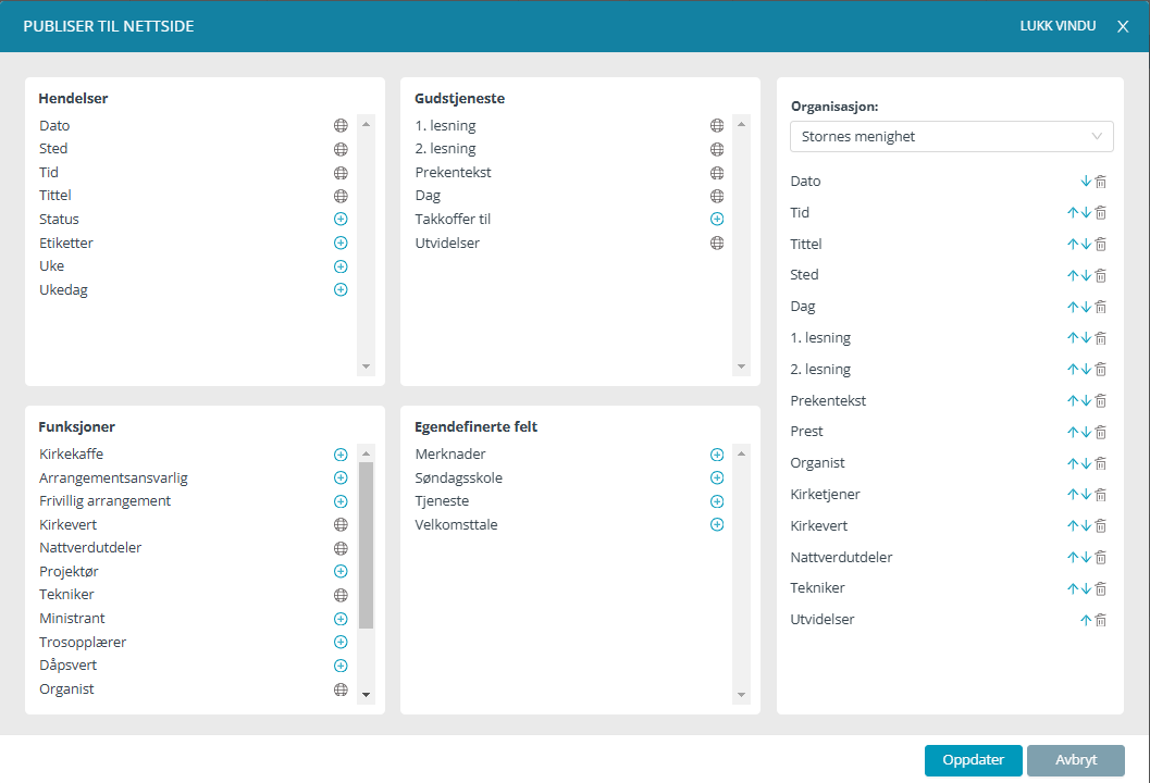 Arbeidsflate for 'Publiser til nettside' i Gudstjeneste-modulen.