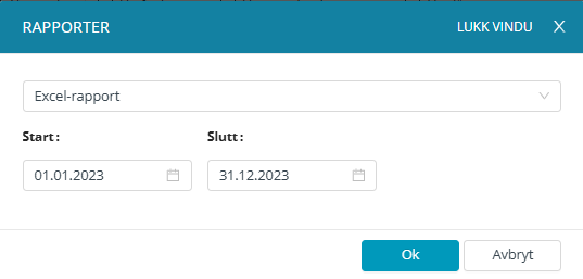 Rapportdialog for Excel-rapport i Gudstjeneste-modulen.