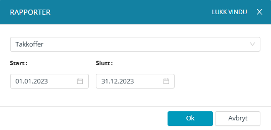 Rapportdialog for takkoffer-rapport i Gudstjeneste-modulen.