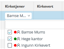 Skjermbilde fra applikasjonen Medarbeideren som viser rullegardin meny med navn til personer som kan bemenne fuksjonen Kirketjener.