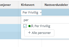 Skjermbilde fra applikasjonen Medarbeideren som viser rullegardin meny med navn til personer som kan bemenne fuksjonen Kirkevert på flere avtaler.