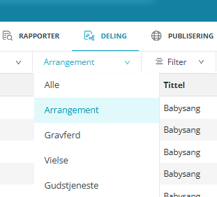 Skjermbilde fra applikasjonen Medarbeideren som viser funksjonen 'Deling'. Den er lokalisert øverst på skjermen til venstre i øverste verktøylinje, til høyre fra 'Rapporter' og til venstre fra 'Publisering'.