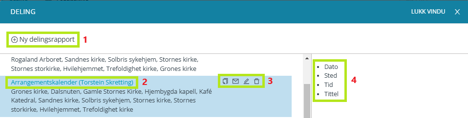 Skjermbildet viser grensesnittet for 'Deling'-funksjonen i applikasjonen 'Medarbeideren'. Øverst til venstre finnes knapp for 'Ny delingsrapport'. Under 'Ny delingsrapport' finnes liste av gamle delingsrapporter med alternativer for handlinger på høyre side: Kopier, E-post, Rediger, Slett. På høyre side finnes det et felt som viser oppsummert info om felt innhold av en markert delingsrapport.