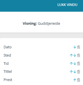 Skjermbilde fra applikasjonen Medarbeideren som viser rekkefølgen av valgte felt for rapporten under opprettelse av ny delingsrapport. Der finnes mulighet til å trykke på pil opp eller ned for å endre rekkefølgen samt søppelbøtte ikon for å fjerne et valgt felt. Dette feltet er lokalisert til høyre på arbeidsflaten.