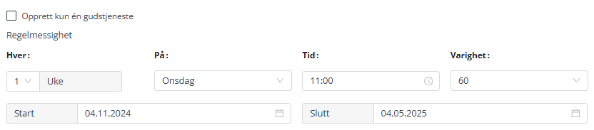 Skjermbilde fra applikasjonen Medarbeideren som viser planlegging for regelmessighet og varighet av arrangement i arrangement plan.