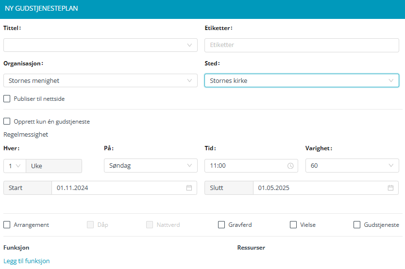 Skjermbilde fra applikasjonen Medarbeideren som viser arbeidsflaten for oppsett av ny gudstjeneste plan. Her kan brukeren fylle inn detaljer som tittel, etiketter, organisasjon, sted, frekvens (hver uke, på søndager), tid, varighet, start- og sluttdato. Det er også valg for type utvidelser, som dåp, nattverd, gravferd, vielse og gudstjeneste, samt alternativer for å legge til funksjoner og ressurser.