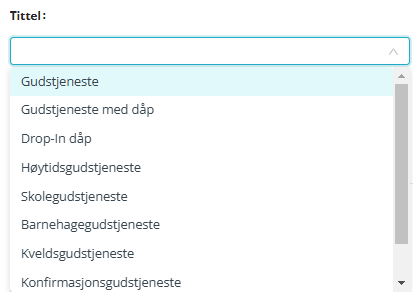 Skjermbilde fra applikasjonen Medarbeideren som viser rullegardin meny med valg av mulige tittel for gudstjeneste.