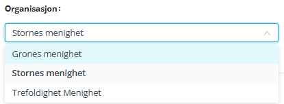 Skjermbilde fra applikasjonen Medarbeideren som viser rullegardin meny med valg av mulige organisasjoner en gudstjeneste plan kan lages for.