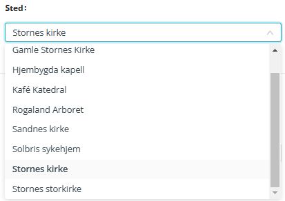 Skjermbilde fra applikasjonen Medarbeideren som viser rullegardin meny med valg av mulige lokasjoner en gudstjeneste plan kan lages for.