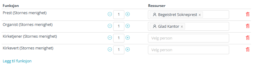 Skjermbilde fra applikasjonen Medarbeideren som viser muligheten for bemanning med Ressurser for en gudstjeneste.