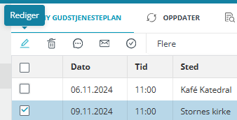 Skjermbilde fra applikasjonen Medarbeideren som viser 'Rediger' alternativet i Gudstjeneste planlegger. Den har blyant ikon og finnes til venstre, øverst på sieden under 'Ny gudstjenesteplan'.