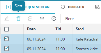 Skjermbilde fra applikasjonen Medarbeideren som viser 'Slett' alternativet i Gudstjeneste planlegger. Den har søppelbøtte ikon og finnes til venstre, øverst på sieden under 'Ny gudstjenesteplan' og til høyre fra 'Rediger'