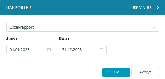Skjermbilde av rapporterings funksjonen i applikasjonen Medarbeideren/ 'Gudstjeneste'/ 'Rapporter'/ 'Excel rapport'. Brukeren kan velge rapporttype som Excel-rapport og angi periode ved å sette start- og sluttdato. Knappene 'Ok' og 'Avbryt' gir mulighet for å henholdsvis bekrefte eller avbryte rapport genereringen.