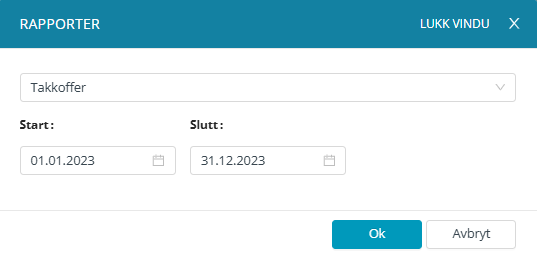 Skjermbilde av rapporterings funksjonen i applikasjonen Medarbeideren/ 'Gudstjeneste'/ 'Rapporter'/ 'Takkoffer'. Brukeren kan velge rapporttype som Takkoffer og angi periode ved å sette start- og sluttdato. Knappene 'Ok' og 'Avbryt' gir mulighet for å henholdsvis bekrefte eller avbryte rapport genereringen.