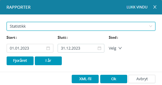 Skjermbilde av rapporterings funksjonen i applikasjonen Medarbeideren/ 'Gudstjeneste'/ 'Rapporter'/ 'Statistikk'. Brukeren kan velge rapporttype som Statistikk og angi periode ved å sette start- og sluttdato samt sted rapporten skal lages for. Knapper 'Fjoråret' og 'I år' vil hurtig stille datoer til å dekke fjoråret eller nåværende år. Knappen XML-fil vil laste ned rapporten i XML format. Knappene 'Ok' og 'Avbryt' gir mulighet for å henholdsvis bekrefte eller avbryte rapport genereringen.