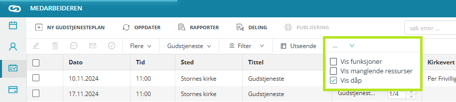 Skjermbilde fra applikasjonen Medarbeideren som viser Gudstjeneste-modulen. 'Vis dåp' alternativet er skjult under '...' på grunn av størrelsen på skjermen visningen skjer på.