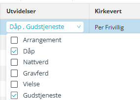 Skjermbilde fra applikasjonen Medarbeideren som viser Aktivering av utvidelsen 'Dåp' for en gudstjeneste i Gudstjeneste planlegger.