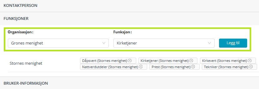 Skjermbilde fra applikasjonen Medarbeideren som viser meny 'Funksjoner' i et åpent kontaktkort. Her vises valg av organisasjon, 'Grones menighet', og funksjon 'Kirketjener', med en 'Legg til'-knapp for å bekrefte tildelingen. Andre funksjoner for Stornes menighet er også synlige under.
