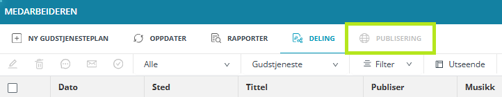 Skjermbilde fra applikasjonen Medarbeideren som viser funksjonen 'Publisering'. Den er lokalisert øverst på skjermen til mid-venstre i øverste verktøylinje, til høyre fra 'Deling'. Funksjonen 'Publisering' er grået ut, er ikke aktiv.