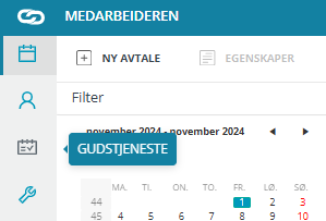 Skjermbilde fra applikasjonen Medarbeideren som viser ikonet for Gudstjeneste-modulen. Ikonet er plassert i menyen til venstre under ikoner KALENDER og KONTAKTER OG GRUPPER. Tittelen 'GUDSTJENESTE' vises som en pop-up når musepekeren holdes over ikonet.