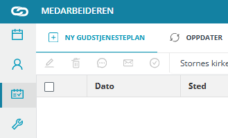 Skjermbilde fra applikasjonen Medarbeideren som viser hvor brukeren kan starte en ny gudstjenesteplan. Knappen ‘NY GUDSTJENESTEPLAN’ er plassert øverst i vinduet, under toppteksten. Det finnes også en oppdateringsknapp til høyre for denne.