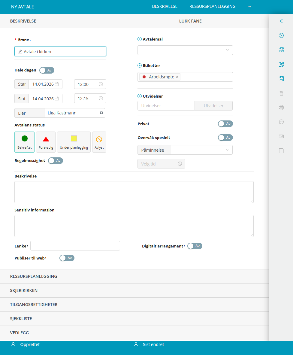Full redigeringsvisning for ny avtale.