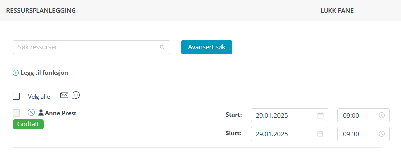 Fanen 'Ressursplanlegging' med oppretter som ressurs.