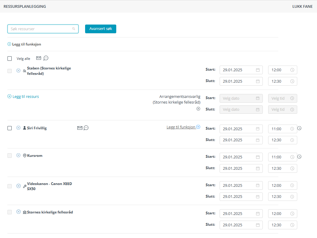 Ressurser lagt til i en avtale.
