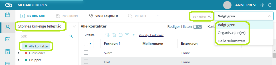 Skjermbildet viser søk i Medarbeideren 'Kontakter og Grupper'.