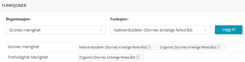 Skjermbildet viser fanen 'Funksjoner' i Medarbeideren kontaktkort.
