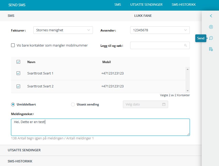 Skjermbildet viser arbeidsflaten for SMS-utsendelse i Medarbeideren 'Kontakter og Grupper'.