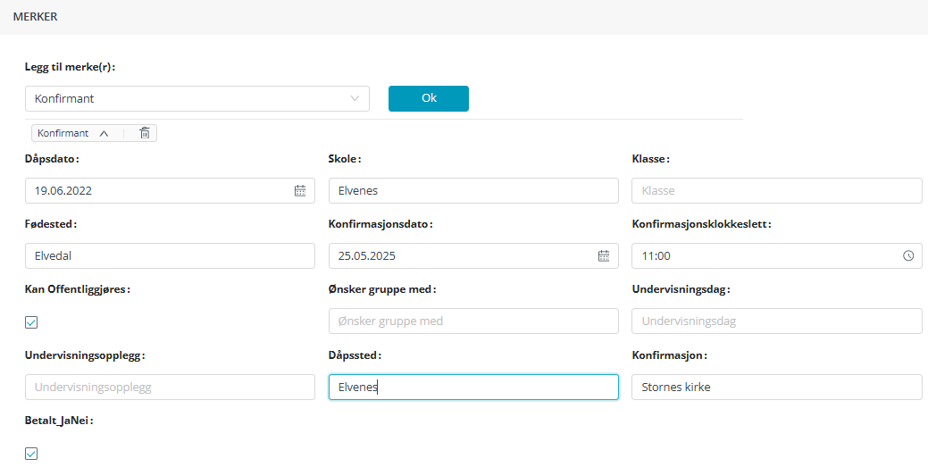 Fane Merker/Konfirmant i Medarbeideren kontaktkort.