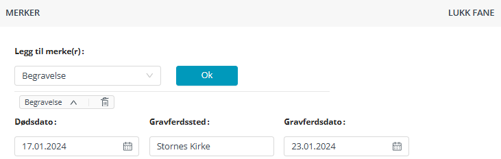 Fane Merker/Begravelse i Medarbeideren kontaktkort.