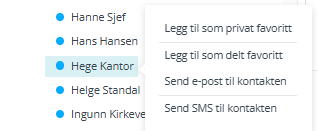 Meny med valg for å sende SMS eller e-post til bruker.
