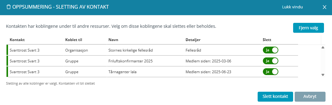 Oppsummering - Sletting av kontakt.