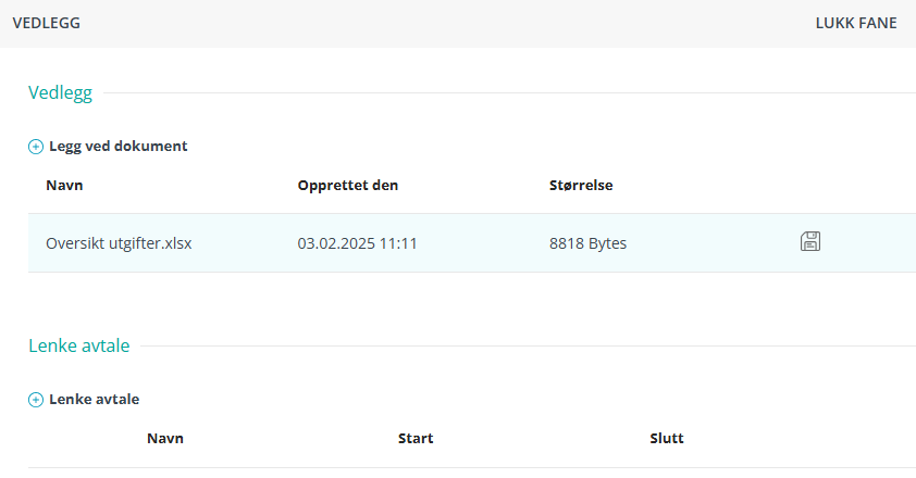 Fanen 'Vedlegg' med mulighet for opplasting.