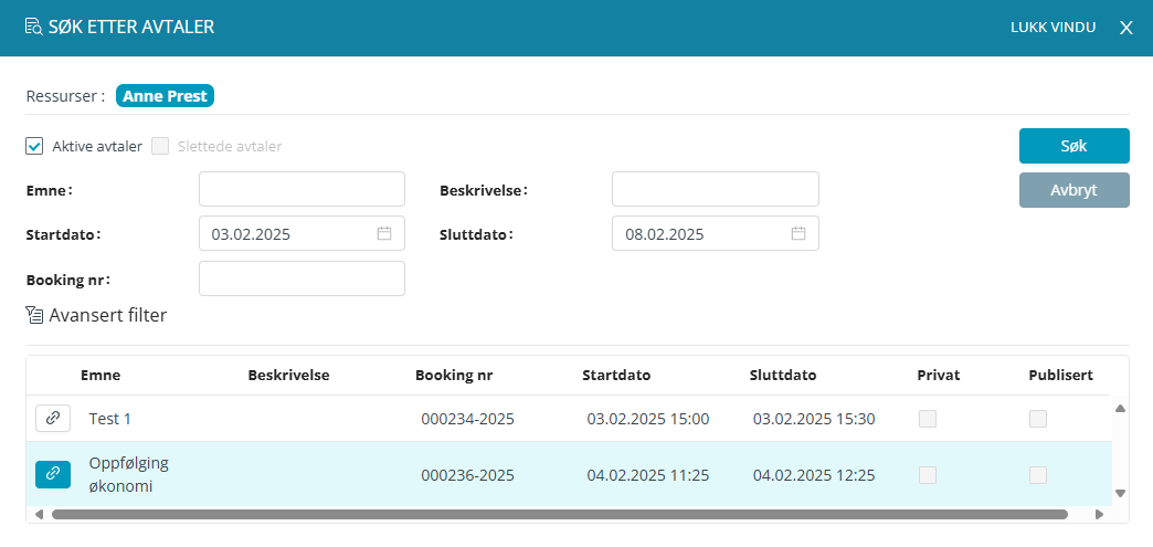Visning av lenke til en annen avtale i fanen 'Vedlegg'.
