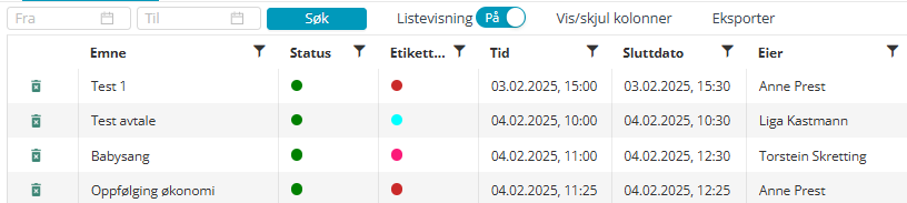 Eksport fra listevisning.