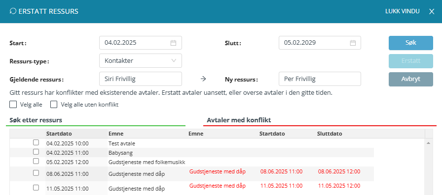 Ressursbytte med konfliktvisning.