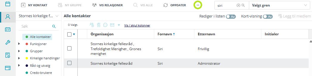 Oversiktsvisning for 'Kontakter og grupper' i Medarbeideren.