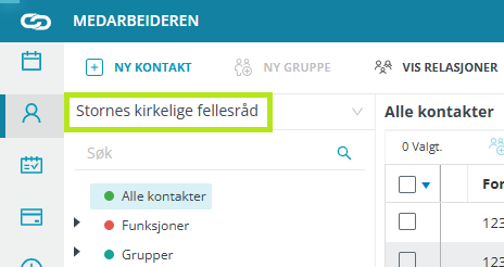 Navigasjonsmeny for 'Kontakter og grupper' i Medarbeideren.