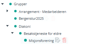 Skjermbildet viser 'Grupper' i navigasjonsmenyen for 'Kontakter og Grupper' i Medarbeideren.