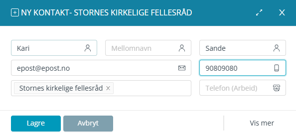 Skjermbildet viser arbeidsflaten 'Ny kontakt' i Medarbeideren 'Kontakter og Grupper'.