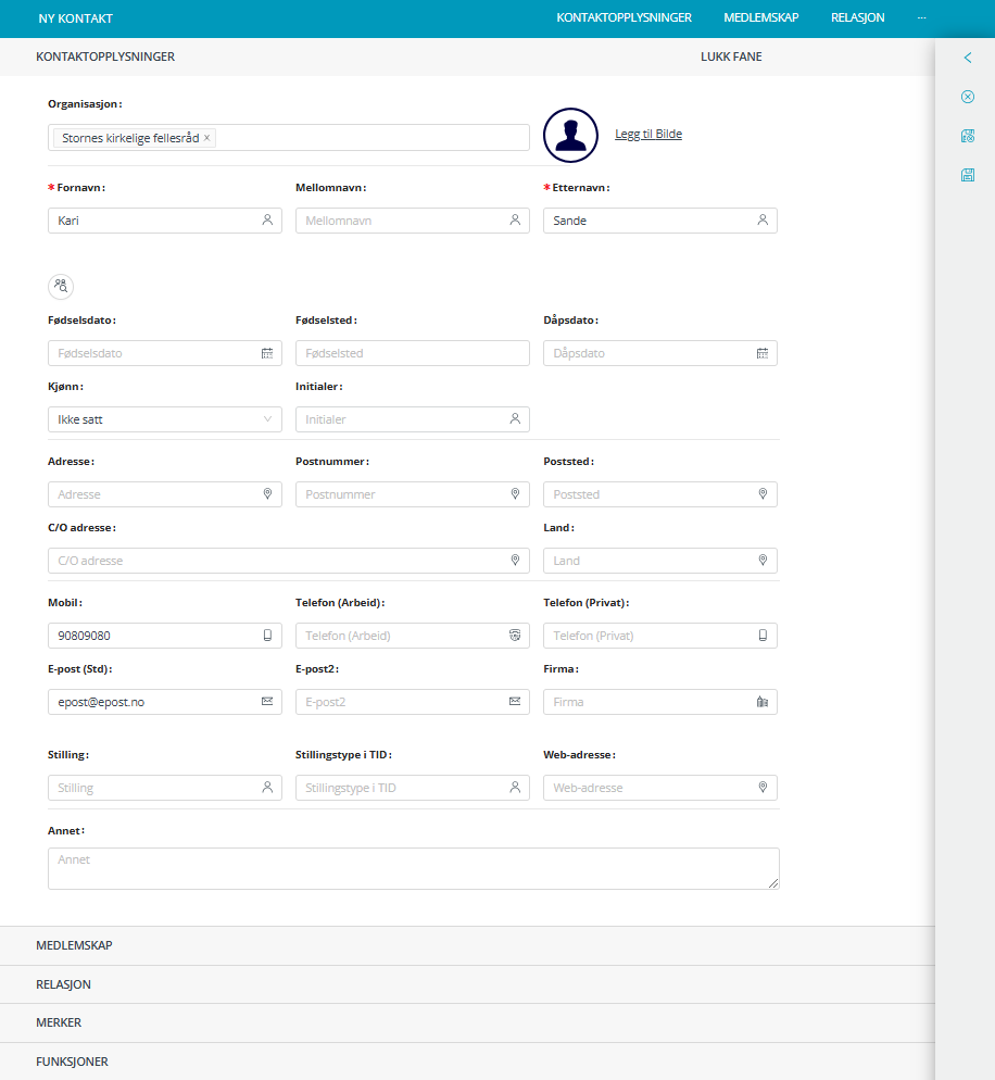 Skjermbildet viser arbeidsflaten 'Kontaktopplysninger' for 'Ny kontakt' i Medarbeideren 'Kontakter og Grupper'.