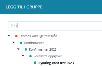 Skjermbildet viser søk i arbeidsflaten 'Legg til i gruppe'.