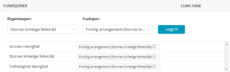 Skjermbildet viser felt 'Funksjoner' i Medarbeideren kontaktkort.